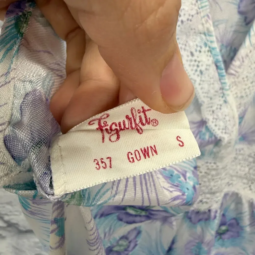 Vintage Figurfit Midi Nightgown Size S Purple White Floral Sleeveless Crochet